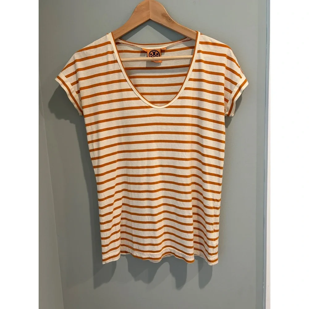 Tory Burch Orange Cream Striped Pima Cotton V-Neck T-Shirt XS‎ Short Sleeve Top